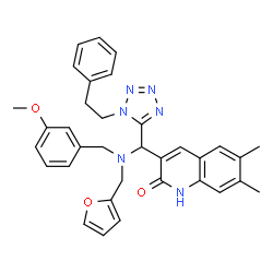 ChemSpider 2D Image | 3-{[(2-Furylmethyl)(3-methoxybenzyl)amino][1-(2-phenylethyl)-1H-tetrazol-5-yl]methyl}-6,7-dimethyl-2(1H)-quinolinone | C34H34N6O3