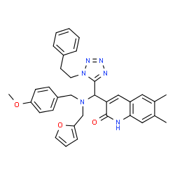 ChemSpider 2D Image | 3-{[(2-Furylmethyl)(4-methoxybenzyl)amino][1-(2-phenylethyl)-1H-tetrazol-5-yl]methyl}-6,7-dimethyl-2(1H)-quinolinone | C34H34N6O3