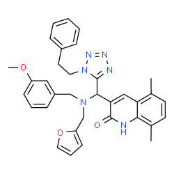 ChemSpider 2D Image | 3-{[(2-Furylmethyl)(3-methoxybenzyl)amino][1-(2-phenylethyl)-1H-tetrazol-5-yl]methyl}-5,8-dimethyl-2(1H)-quinolinone | C34H34N6O3