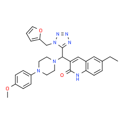 ChemSpider 2D Image | 6-Ethyl-3-{[1-(2-furylmethyl)-1H-tetrazol-5-yl][4-(4-methoxyphenyl)-1-piperazinyl]methyl}-2(1H)-quinolinone | C29H31N7O3