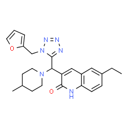 ChemSpider 2D Image | 6-Ethyl-3-{[1-(2-furylmethyl)-1H-tetrazol-5-yl](4-methyl-1-piperidinyl)methyl}-2(1H)-quinolinone | C24H28N6O2