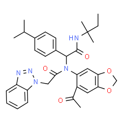 ChemSpider 2D Image | N-(6-Acetyl-1,3-benzodioxol-5-yl)-2-(1H-benzotriazol-1-yl)-N-{1-(4-isopropylphenyl)-2-[(2-methyl-2-butanyl)amino]-2-oxoethyl}acetamide | C33H37N5O5