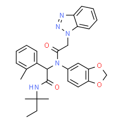 ChemSpider 2D Image | N-(1,3-Benzodioxol-5-yl)-2-(1H-benzotriazol-1-yl)-N-{2-[(2-methyl-2-butanyl)amino]-1-(2-methylphenyl)-2-oxoethyl}acetamide | C29H31N5O4