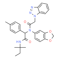 ChemSpider 2D Image | N-(1,3-Benzodioxol-5-yl)-2-(1H-benzotriazol-1-yl)-N-{2-[(2-methyl-2-butanyl)amino]-1-(4-methylphenyl)-2-oxoethyl}acetamide | C29H31N5O4