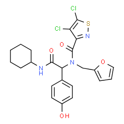 ChemSpider 2D Image | 4,5-Dichloro-N-[2-(cyclohexylamino)-1-(4-hydroxyphenyl)-2-oxoethyl]-N-(2-furylmethyl)-1,2-thiazole-3-carboxamide | C23H23Cl2N3O4S