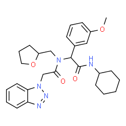 ChemSpider 2D Image | 2-(1H-Benzotriazol-1-yl)-N-[2-(cyclohexylamino)-1-(3-methoxyphenyl)-2-oxoethyl]-N-(tetrahydro-2-furanylmethyl)acetamide | C28H35N5O4