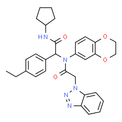 ChemSpider 2D Image | 2-(1H-Benzotriazol-1-yl)-N-[2-(cyclopentylamino)-1-(4-ethylphenyl)-2-oxoethyl]-N-(2,3-dihydro-1,4-benzodioxin-6-yl)acetamide | C31H33N5O4