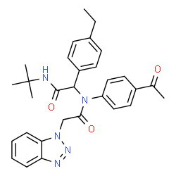 ChemSpider 2D Image | N-(4-Acetylphenyl)-2-(1H-benzotriazol-1-yl)-N-{1-(4-ethylphenyl)-2-[(2-methyl-2-propanyl)amino]-2-oxoethyl}acetamide | C30H33N5O3