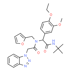 ChemSpider 2D Image | 2-(1H-Benzotriazol-1-yl)-N-{1-(4-ethoxy-3-methoxyphenyl)-2-[(2-methyl-2-propanyl)amino]-2-oxoethyl}-N-(2-furylmethyl)acetamide | C28H33N5O5