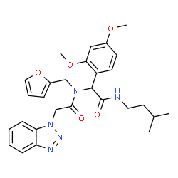 ChemSpider 2D Image | 2-(1H-Benzotriazol-1-yl)-N-{1-(2,4-dimethoxyphenyl)-2-[(3-methylbutyl)amino]-2-oxoethyl}-N-(2-furylmethyl)acetamide | C28H33N5O5