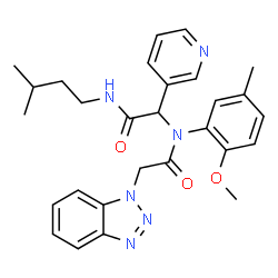 ChemSpider 2D Image | 2-(1H-Benzotriazol-1-yl)-N-(2-methoxy-5-methylphenyl)-N-{2-[(3-methylbutyl)amino]-2-oxo-1-(3-pyridinyl)ethyl}acetamide | C28H32N6O3