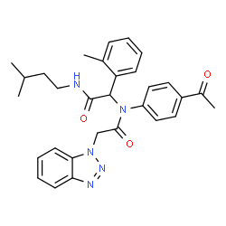 ChemSpider 2D Image | N-(4-Acetylphenyl)-2-(1H-benzotriazol-1-yl)-N-{2-[(3-methylbutyl)amino]-1-(2-methylphenyl)-2-oxoethyl}acetamide | C30H33N5O3