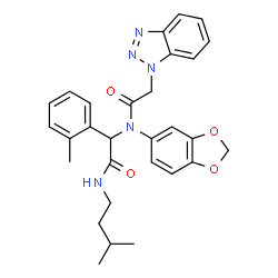 ChemSpider 2D Image | N-(1,3-Benzodioxol-5-yl)-2-(1H-benzotriazol-1-yl)-N-{2-[(3-methylbutyl)amino]-1-(2-methylphenyl)-2-oxoethyl}acetamide | C29H31N5O4