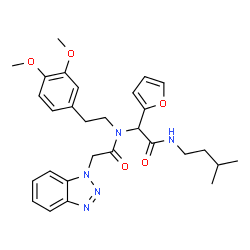 ChemSpider 2D Image | 2-(1H-Benzotriazol-1-yl)-N-[2-(3,4-dimethoxyphenyl)ethyl]-N-{1-(2-furyl)-2-[(3-methylbutyl)amino]-2-oxoethyl}acetamide | C29H35N5O5