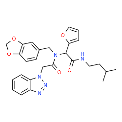 ChemSpider 2D Image | N-(1,3-Benzodioxol-5-ylmethyl)-2-(1H-benzotriazol-1-yl)-N-{1-(2-furyl)-2-[(3-methylbutyl)amino]-2-oxoethyl}acetamide | C27H29N5O5