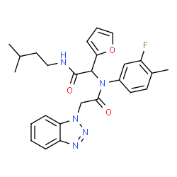 ChemSpider 2D Image | 2-(1H-Benzotriazol-1-yl)-N-(3-fluoro-4-methylphenyl)-N-{1-(2-furyl)-2-[(3-methylbutyl)amino]-2-oxoethyl}acetamide | C26H28FN5O3