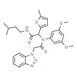ChemSpider 2D Image | 2-(1H-Benzotriazol-1-yl)-N-(3,5-dimethoxyphenyl)-N-{2-[(3-methylbutyl)amino]-1-(5-methyl-2-furyl)-2-oxoethyl}acetamide | C28H33N5O5
