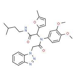 ChemSpider 2D Image | 2-(1H-Benzotriazol-1-yl)-N-(3,4-dimethoxyphenyl)-N-{2-[(3-methylbutyl)amino]-1-(5-methyl-2-furyl)-2-oxoethyl}acetamide | C28H33N5O5