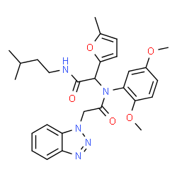 ChemSpider 2D Image | 2-(1H-Benzotriazol-1-yl)-N-(2,5-dimethoxyphenyl)-N-{2-[(3-methylbutyl)amino]-1-(5-methyl-2-furyl)-2-oxoethyl}acetamide | C28H33N5O5