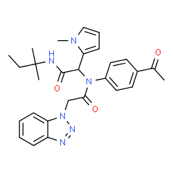 ChemSpider 2D Image | N-(4-Acetylphenyl)-2-(1H-benzotriazol-1-yl)-N-{2-[(2-methyl-2-butanyl)amino]-1-(1-methyl-1H-pyrrol-2-yl)-2-oxoethyl}acetamide | C28H32N6O3