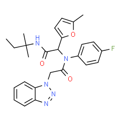 ChemSpider 2D Image | 2-(1H-Benzotriazol-1-yl)-N-(4-fluorophenyl)-N-{2-[(2-methyl-2-butanyl)amino]-1-(5-methyl-2-furyl)-2-oxoethyl}acetamide | C26H28FN5O3
