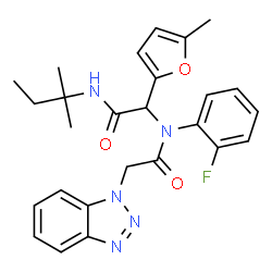 ChemSpider 2D Image | 2-(1H-Benzotriazol-1-yl)-N-(2-fluorophenyl)-N-{2-[(2-methyl-2-butanyl)amino]-1-(5-methyl-2-furyl)-2-oxoethyl}acetamide | C26H28FN5O3