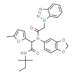 ChemSpider 2D Image | N-(1,3-Benzodioxol-5-yl)-2-(1H-benzotriazol-1-yl)-N-{2-[(2-methyl-2-butanyl)amino]-1-(5-methyl-2-furyl)-2-oxoethyl}acetamide | C27H29N5O5