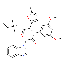 ChemSpider 2D Image | 2-(1H-Benzotriazol-1-yl)-N-(3,5-dimethoxyphenyl)-N-{2-[(2-methyl-2-butanyl)amino]-1-(5-methyl-2-furyl)-2-oxoethyl}acetamide | C28H33N5O5