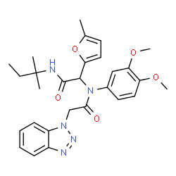 ChemSpider 2D Image | 2-(1H-Benzotriazol-1-yl)-N-(3,4-dimethoxyphenyl)-N-{2-[(2-methyl-2-butanyl)amino]-1-(5-methyl-2-furyl)-2-oxoethyl}acetamide | C28H33N5O5