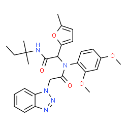 ChemSpider 2D Image | 2-(1H-Benzotriazol-1-yl)-N-(2,4-dimethoxyphenyl)-N-{2-[(2-methyl-2-butanyl)amino]-1-(5-methyl-2-furyl)-2-oxoethyl}acetamide | C28H33N5O5