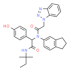 ChemSpider 2D Image | 2-(1H-Benzotriazol-1-yl)-N-(2,3-dihydro-1H-inden-5-yl)-N-{1-(4-hydroxyphenyl)-2-[(2-methyl-2-butanyl)amino]-2-oxoethyl}acetamide | C30H33N5O3