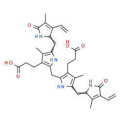 ChemSpider 2D Image | 3-[2-[[3-(2-carboxyethyl)-4-methyl-5-[(4-methyl-5-oxo-3-vinyl-pyrrol-2-ylidene)methyl]-1H-pyrrol-2-yl]methyl]-4-methyl-5-[(3-methyl-5-oxo-4-vinyl-pyrrol-2-ylidene)methyl]-1H-pyrrol-3-yl]propanoic acid | C33H36N4O6