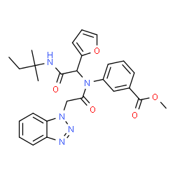 ChemSpider 2D Image | Methyl 3-[(1H-benzotriazol-1-ylacetyl){1-(2-furyl)-2-[(2-methyl-2-butanyl)amino]-2-oxoethyl}amino]benzoate | C27H29N5O5