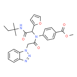 ChemSpider 2D Image | Methyl 4-[(1H-benzotriazol-1-ylacetyl){1-(2-furyl)-2-[(2-methyl-2-butanyl)amino]-2-oxoethyl}amino]benzoate | C27H29N5O5