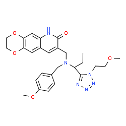 ChemSpider 2D Image | 8-{[(4-Methoxybenzyl){1-[1-(2-methoxyethyl)-1H-tetrazol-5-yl]propyl}amino]methyl}-2,3-dihydro[1,4]dioxino[2,3-g]quinolin-7(6H)-one | C27H32N6O5