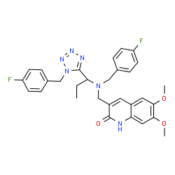 ChemSpider 2D Image | 3-{[(4-Fluorobenzyl){1-[1-(4-fluorobenzyl)-1H-tetrazol-5-yl]propyl}amino]methyl}-6,7-dimethoxy-2(1H)-quinolinone | C30H30F2N6O3