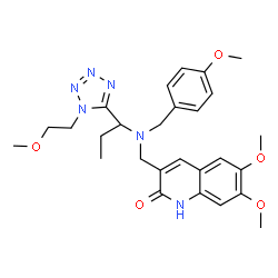 ChemSpider 2D Image | 6,7-Dimethoxy-3-{[(4-methoxybenzyl){1-[1-(2-methoxyethyl)-1H-tetrazol-5-yl]propyl}amino]methyl}-2(1H)-quinolinone | C27H34N6O5