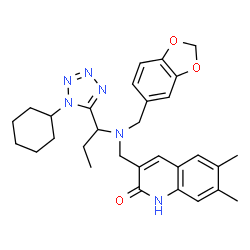 ChemSpider 2D Image | 3-({(1,3-Benzodioxol-5-ylmethyl)[1-(1-cyclohexyl-1H-tetrazol-5-yl)propyl]amino}methyl)-6,7-dimethyl-2(1H)-quinolinone | C30H36N6O3