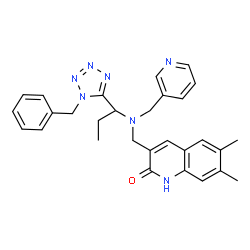 ChemSpider 2D Image | 3-({[1-(1-Benzyl-1H-tetrazol-5-yl)propyl](3-pyridinylmethyl)amino}methyl)-6,7-dimethyl-2(1H)-quinolinone | C29H31N7O