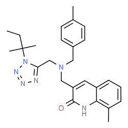 ChemSpider 2D Image | 8-Methyl-3-{[(4-methylbenzyl){[1-(2-methyl-2-butanyl)-1H-tetrazol-5-yl]methyl}amino]methyl}-2(1H)-quinolinone | C26H32N6O
