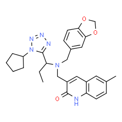 ChemSpider 2D Image | 3-({(1,3-Benzodioxol-5-ylmethyl)[1-(1-cyclopentyl-1H-tetrazol-5-yl)propyl]amino}methyl)-6-methyl-2(1H)-quinolinone | C28H32N6O3