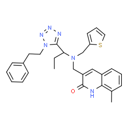ChemSpider 2D Image | 8-Methyl-3-{[{1-[1-(2-phenylethyl)-1H-tetrazol-5-yl]propyl}(2-thienylmethyl)amino]methyl}-2(1H)-quinolinone | C28H30N6OS