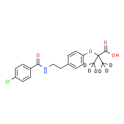 ChemSpider 2D Image | 2-(4-{2-[(4-Chlorobenzoyl)amino]ethyl}phenoxy)-2-(~2~H_3_)methyl(~2~H_3_)propanoic acid | C19H14D6ClNO4