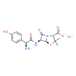 ChemSpider 2D Image | Sodium (2R,5S,6S)-6-{[(2S)-2-amino-2-(4-hydroxyphenyl)acetyl]amino}-3,3-dimethyl-7-oxo-4-thia-1-azabicyclo[3.2.0]heptane-2-carboxylate | C16H18N3NaO5S