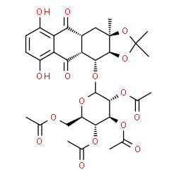 ChemSpider 2D Image | (3aS,4R,4aR,10aR,11aR)-6,9-Dihydroxy-2,2,11a-trimethyl-5,10-dioxo-3a,4,4a,5,10,10a,11,11a-octahydroanthra[2,3-d][1,3]dioxol-4-yl 2,3,4,6-tetra-O-acetyl-D-glucopyranoside | C32H38O16