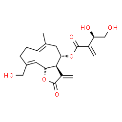 ChemSpider 2D Image | (3aR,4S,6E,10Z,11aS)-10-(Hydroxymethyl)-6-methyl-3-methylene-2-oxo-2,3,3a,4,5,8,9,11a-octahydrocyclodeca[b]furan-4-yl (3R)-3,4-dihydroxy-2-methylenebutanoate | C20H26O7