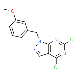 ChemSpider 2D Image | 4,6-Dichloro-1-(3-methoxybenzyl)-1H-pyrazolo[3,4-d]pyrimidine | C13H10Cl2N4O