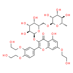 ChemSpider 2D Image | 2-[3,4-Bis(2-hydroxyethoxy)phenyl]-5-hydroxy-7-(2-hydroxyethoxy)-4-oxo-4H-chromen-3-yl 6-O-(6-deoxy-alpha-L-mannopyranosyl)-alpha-L-galactopyranoside | C33H42O19