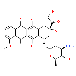 ChemSpider 2D Image | (1S,3S)-3-Glycoloyl-3,5,12-trihydroxy-10-methoxy-6,11-dioxo-1,2,3,4,6,11-hexahydro-1-tetracenyl 3-amino-2,3,6-trideoxy-alpha-D-arabino-hexopyranoside | C27H29NO11