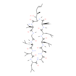 ChemSpider 2D Image | (3S,6S,9S,12R,15S,18S,21S,24S,30S)-33-[(1R,2R,4E)-1-Hydroxy-2-methyl-4-hexen-1-yl]-6,9,18,24-tetraisobutyl-3,21,30-triisopropyl-1,4,7,10,12,15,19,25,28-nonamethyl-1,4,7,10,13,16,19,22,25,28,31-undecaa
zacyclotritriacontane-2,5,8,11,14,17,20,23,26,29,32-undecone | C63H113N11O12